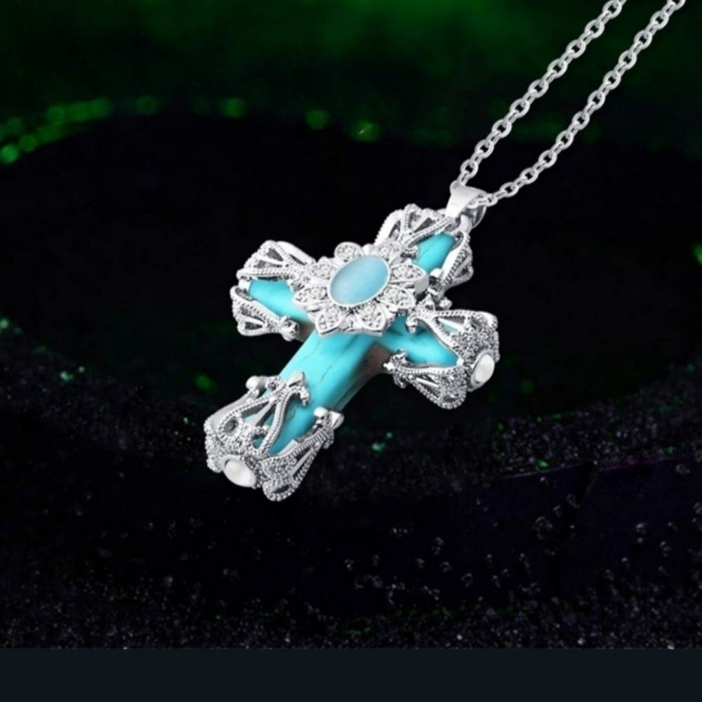 Sterling Silver and genuine turquoise cathedral cross necklace new